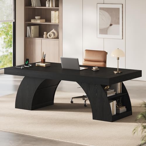 UPOSOJA 70.9 Inch Executive Desk, Large Office Desk with Power Outlet & Storage Shelves, Modern Aesthetic Computer Desks Wood Writing Table Workstation Business Furniture for Home Office (Black)