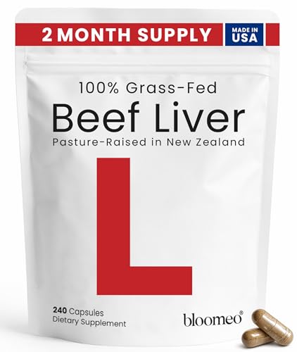 Bloomeo Grass-Fed Beef Liver Capsules | 240 Count 750mg Each | Whole Food Source of 30+ Bioavailable Nutrients: Vitamin A B12 Folate Heme Iron Zinc for Energy Immunity Skin | USA-Made & Lab Tested