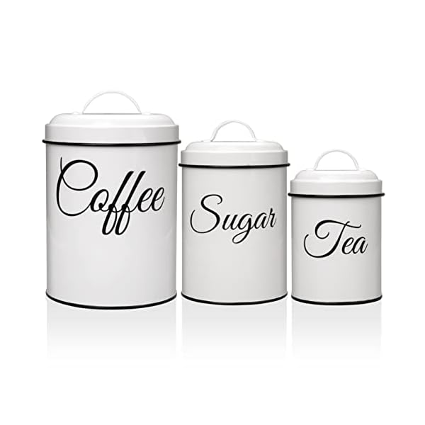 GlowSol Canister Sets for Kitchen Counter, Coffee Tea Sugar Canister Set, Airtight White Food Storage Jars with Lids, Rustic Farmhouse Kitchen Decor, 3 pcs