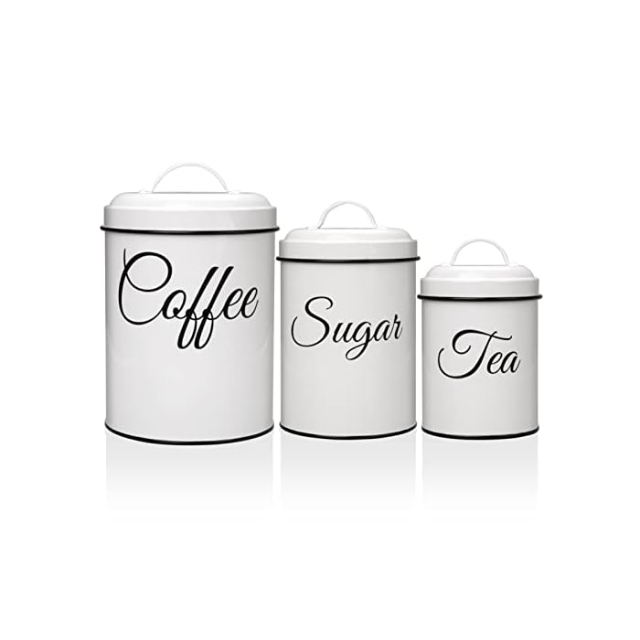 GlowSol Canister Sets for Kitchen Counter, Coffee Tea Sugar Canister Set, Airtight White Food Storage Jars with Lids, Rustic Farmhouse Kitchen Decor, 3 pcs