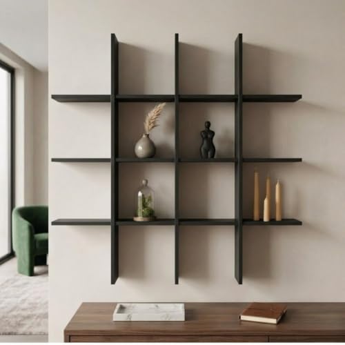 Image of Modern Wooden Wall Shelf for Living Room & Bedroom - Decorative Wall Mounted for Books, Showpieces & Home Decor - Multi-Compartment Floating Wall Organizer Full Black