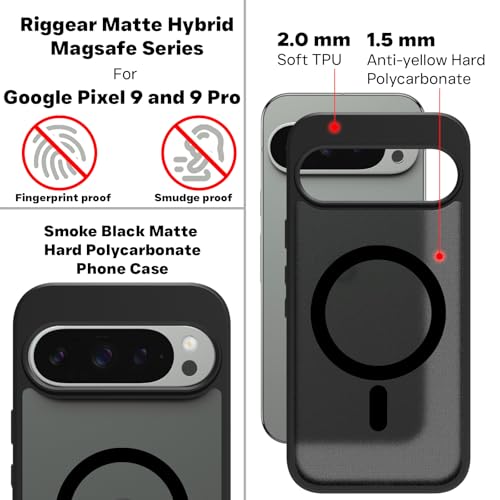 Image of RIGGEAR Shockproof Sleek Hybrid Armor Back Cover Case Compatible with MagSafe Accessories for Google Pixel 9 / Pixel 9 Pro (Smoke Black Matte PC + Black TPU Bumper)