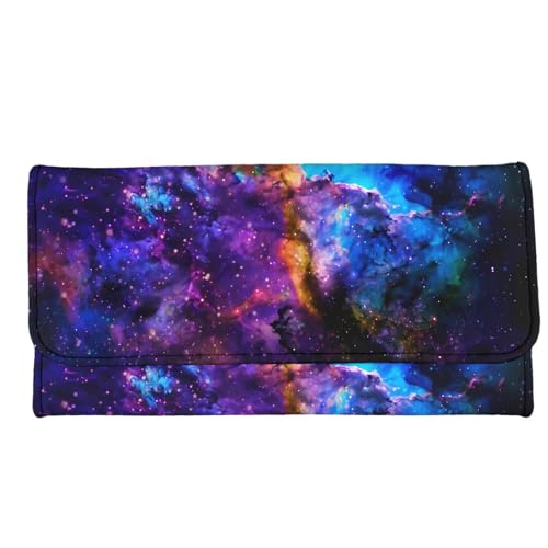Image of AFPANQZ Nebula Galaxy Print Leather Wallets for Women RFID Blocking Checkbook Wallet with Credit Card Slots Phone Holder Trifold Purses Zip Coins Pocket, Buckle Closure Clutch Purple Blue