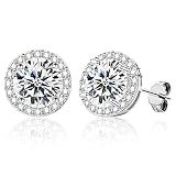 Brilliant Round Sterling Silver Post Halo Stud Earrings for Women Men | Cubic Zirconia Simulated Fau