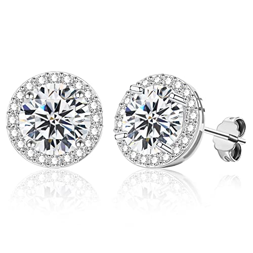 Brilliant Round Sterling Silver Post Halo Stud Earrings For Women Men | Cubic Zirconia Simulated Faux Diamond Halo Stud Earrings For Girls, Fake Diamond Cz Piercing Earrings Studs #TOP9