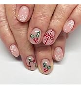 Christmas Glitter Press on Nails Short Square Fake Nails Winter Xmas Snowflake Bow Ribbon Designs...