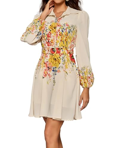 Image of Women Long Sleeve Spring Button Down A-Line Floral Print Summer Cocktail Shirt Dresses with Belt