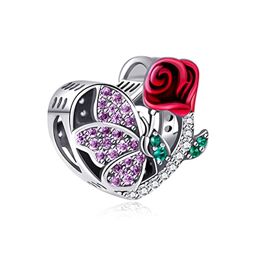 NINGAN Abalorio de flores y mariposas para mujer, compatible con pulseras Pandora, plata de ley 925 con forma de corazón para pulseras y collares, de para mujeres, esposas y madres Cover