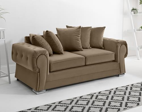 Sofahub Verona Mink Plush Velvet - Scatterback Sofa with Button Tufting & Chrome Feet – Foam Cushion 2 Seater, 3 Seater, 3+2 Seater & Corner Sofa Options - Living Room Sofa Set(Mink, 3 Seater)