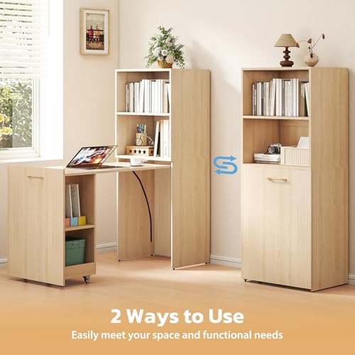 Image of Zevemomo Folding Desk, Convertible Table with Shelves & Wheels - Beige