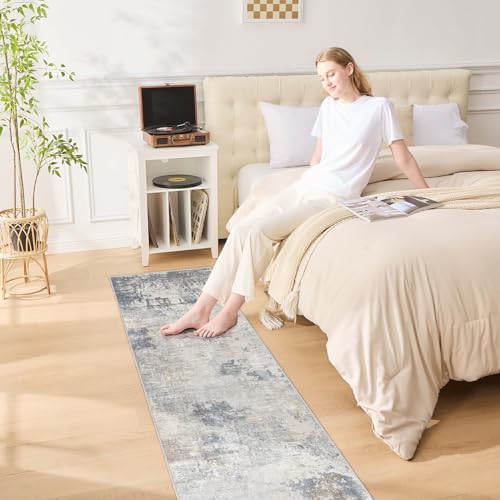2X10 Washable Runner Rug for Hallway: Soft Neutral Modern Abstract Area Rug - Non-Slip Low Pile Long Throw Indoor Carpet for Kitchen Entryway Kitchen Bedroom Laundry - Blue Grey