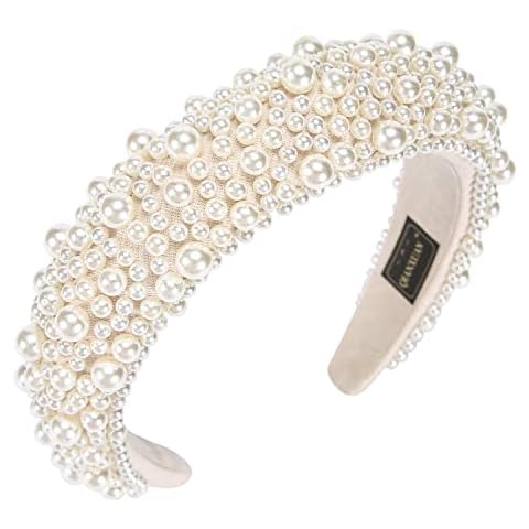 QIANXUAN Fashion Headbands For Women's Hair White Pearl Headbands For Girls Black Padded Headband Beading Pearls Hair Accessories Design Elegant Wide Hairbands Cover