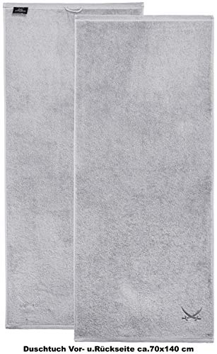 Sansibar 2er Set Duschtuch 70x140 cm – Saugstarkes Badetuch aus 100 % Baumwolle – Oeko-TEX zertifizierter Frottee – Sylt-Design mit gesticktem Säbel-Logo – Silber