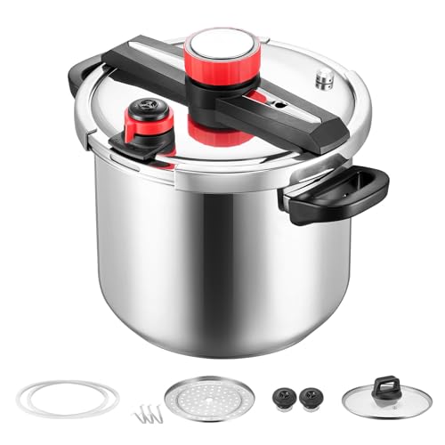 VEVOR Pressure Cooker, 12Qt Pressure Cooker Stainless Steel, Pressures Canner with Steaming Rack, Tempered Glass Lid, 3 Pressures Settings for Meat, Beans, Rice, Soup, Sauces, Cook up to 100 kPa