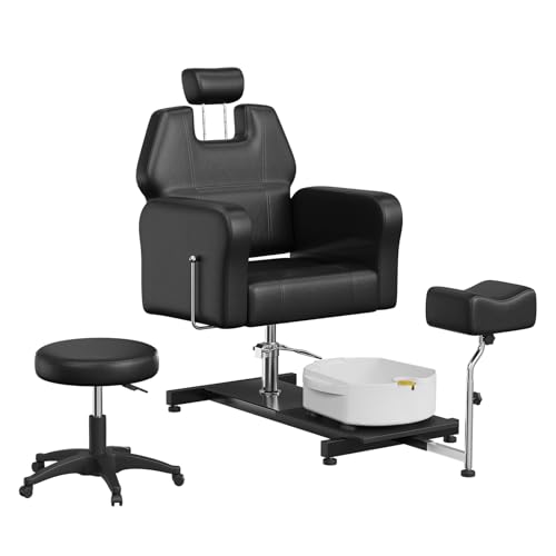 Silla de pedicura reclinable con elevación hidráulica, taburete, reposapiés y bandeja de masaje integrada. Sillón giratorio de 360°, ajustable, ideal para salón, spa o uso doméstico. Negro.