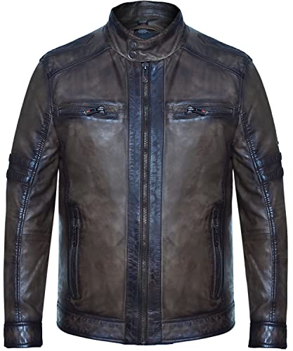 Blueorn LIAM Lederjacke Herren im Bikerstil - Bikerjacke Übergangsjacke Vintage Jacke mit Stehkragen aus Lamm Nappa echt Leder in Braun (as3, alpha, m, regular, regular, Burnt Olive, M) Cover