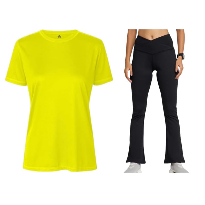 Yellow T-Shirt & Black Flare Pant Set for Women - Casual, Comfortable & Stylish Outfit with High-Rise Waistband, Perfect for Everyday Wear-image-12