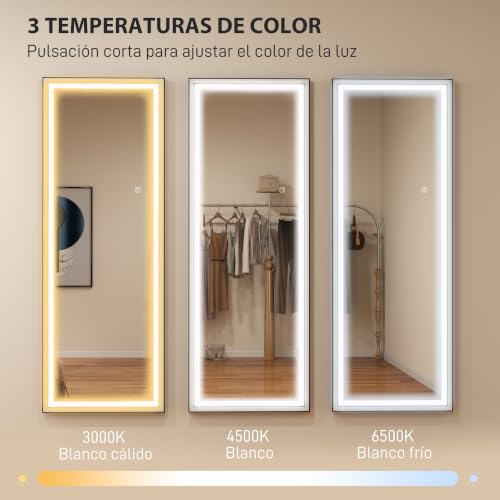 Miniatura 3 de Homcom Espejo De Pie Cuerpo Entero Con Luces, 165x60 Cm, Espejo De Cuerpo Entero, 3 Temperaturas De Color, Brillo Ajustable, Independiente, Apoyado Y De Pared, Para Dormitorio, Salón, Blanco Y Negro
