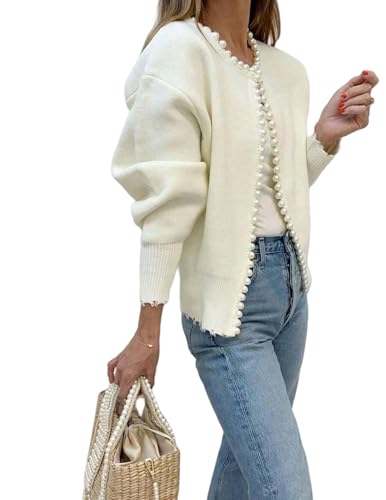 Knitted Cardigan Coat with Pearl Decoration and Irregular Raw Edges, Womens Casual Cardigan Sweater Elegant