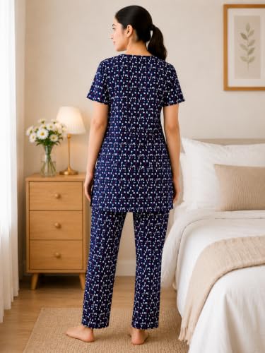 Image of KIAWAH Women Printed Night Suit Set, Cotton Blend Night Suit, A-Line Top and Pajama Set, Soft and Breathable Night Wear