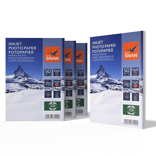 BLUE SWAN Papel Fotográfico 10×15 cm, 200 g/m², 200 Hojas – Brillante a Doble Cara, Resistente al Agua, Secado Rápido, Antirrayado, Compatible con Impresoras de Inyección de Tinta