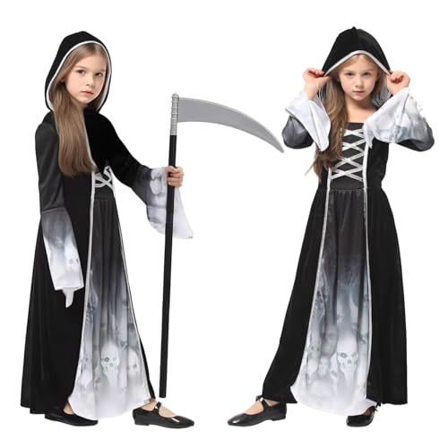 GLEEMEN Halloween Reaper Girl Costume, Ghost Princess Costume with Black Sickle Children Reaper for Halloween Carnival Cosplay (M)