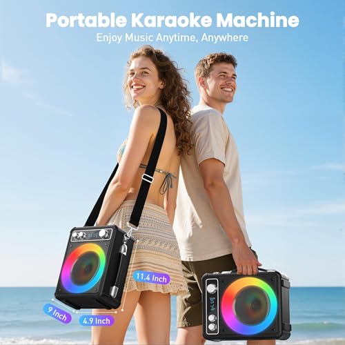 Tragbare Karaoke Maschine mit 2 Drahtlosen Mikrofone, Ankuka 15W Bluetooth Lautsprecher Box für Erwachsene/Kinder mit LED Lichteffekte, Unterstützt TF/USB, FM, Rec, AUX in, TWS für Party, Geburtstag