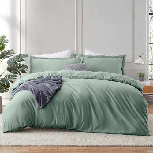 Image of Hearth & Harbor Sage Green Duvet Cover with Fitted Sheet Queen Size | 4 Piece Soft Double Brushed Bedding Set, Button Closure, 1 Duvet Cover 90x90 Inches, 1 Fitted Sheet, 2 Pillow Shams