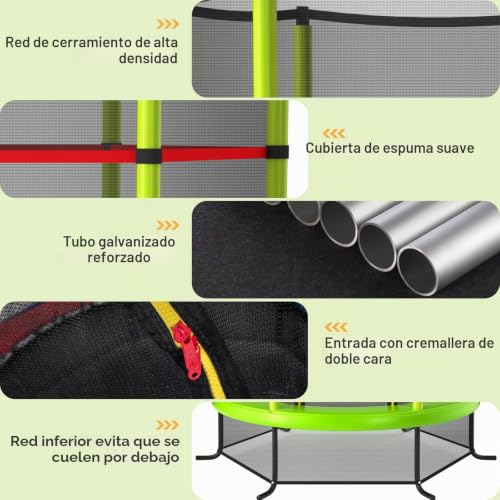 Miniatura 4 de Komfotteu Cama Elástica Para Niños De 3-6 Años, Trampolín Infantil Con Red De Seguridad, Cama Elástico Jardín Exterior Con Cierre De Cremallera, Carga De 135 Kg, 165 X 165 X 161 Cm Verde