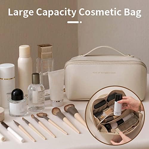 Large Capacity Travel Cosmetic Bag, Portable Cosmetic Bag Travel Makeup Bag Leather Cosmetic Travel Bag Waterproof Makeup Bag Toiletry Bags with Handle and Zipper (White)
