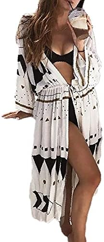 AILUNSNIKA Womens Print Beach Swimsuit Cover Ups for Swimwear Long Sleeve Open Front Kimono Cardigan with Drawstring
