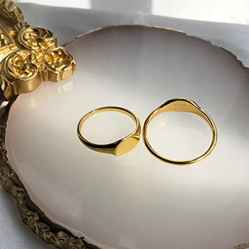 Kainier 14K Gold Plated Signet Rings Stackable Oval-Shaped Slim Signet Rings Thin Plain Statement Band For Women Men Girls Vintage Finger Classic Chunky Ring Comfort Fit Size 5 To 10 (7, Gold(A)) #TOP3