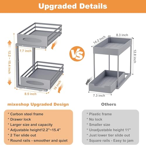 Image of Under Sink Organizer, 2 Tier Under Sink Organizers and Storage, Adjustable Height, Slide out Metal Cabinet Organizers, Pull out Cabinet Storage Drawer Shelf for Kitchen Bathroom (Gray, 2 Pack)
