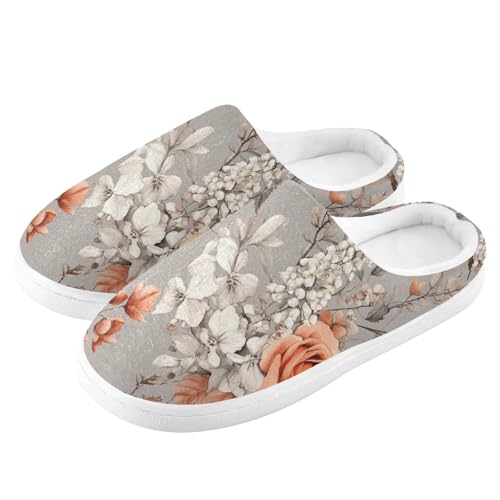 JUNZAN Fall Flowers Rose Sage Grey Mens Cotton Slipper Non Slip Memory Foam Indoor Slippers for Hospital Christmas Presents 6-74