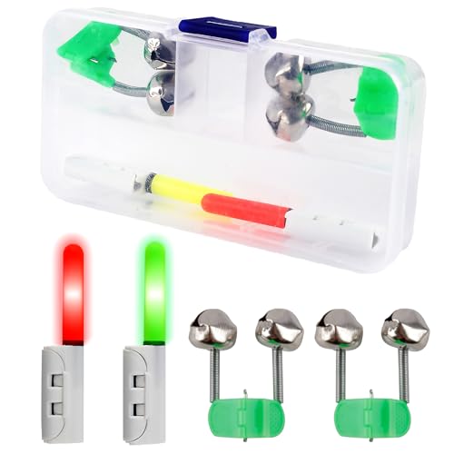 CASTSTRIKE Fishing Bite Alarm Kit Clip On LED Light Rod Tip Strike Alert Night Fishing Twin Bell Indicator Loud Sound Easy to Use for Freshwater Saltwater Pier Shore Boat Kids Beginner with Tackle Box