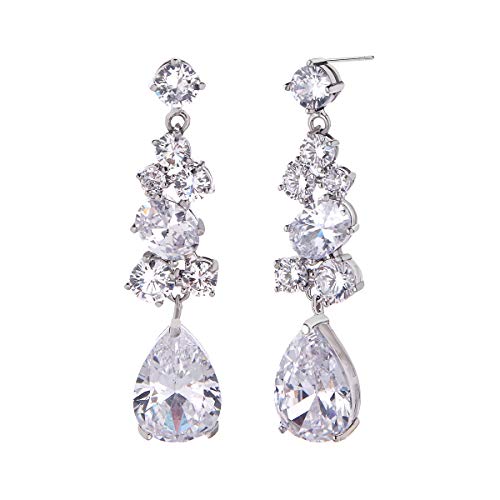 Bridal Earrings for Wedding - 14k Plated Elegant Teardrop CZ Cubic Zirconia Crystal Rhinestone Sterling Silver Floarl Leaf Cluster Chandelier Statement Dangle Drop Earrings for Bride Bridesmaids