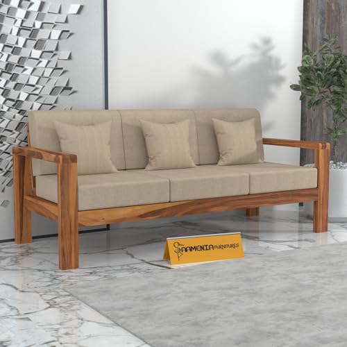 Image of KINGS HOME FURNITURE Sheesham Wooden 3 Seater Sofa for Living Room | Solid Wood Sofa | Rosewood Sofa Set for Home & Office | Lounge (Honey Finish, 3 Seater)