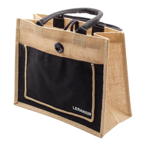 LERANXIN Cadeau de Dames, Sac à Provisions en Jute, 30×25×13 cm avec Poches Latérales à Boutons Noirs Sac Cabas en Toile, Idéal Cadeau pour Femme, Maman, Amie, Anniversaires, Noël, Plage, Vacances