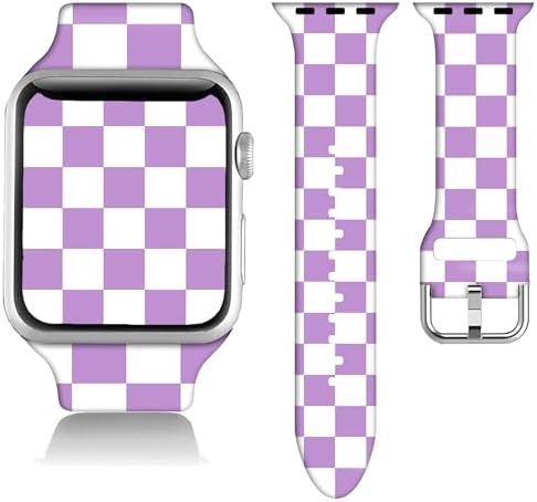Compatible with Purple White Checkered Plaid Watch Bands for Women Men 38/40/41/42/44/45/46/49mm, Silicone Sport Replacement Wristband Strap for IWatch Series 11 10 9 Ultra 8 7 6 5 4 3 2 1 SE.44/45/46/49/42mm(Series 3 2 1).Purple White Checkered Plaid
