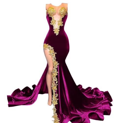 Velvet Prom Dresses Beaded Applique Sleeveless Celebrity Pageant Split Mermaid Evening Gala Gown