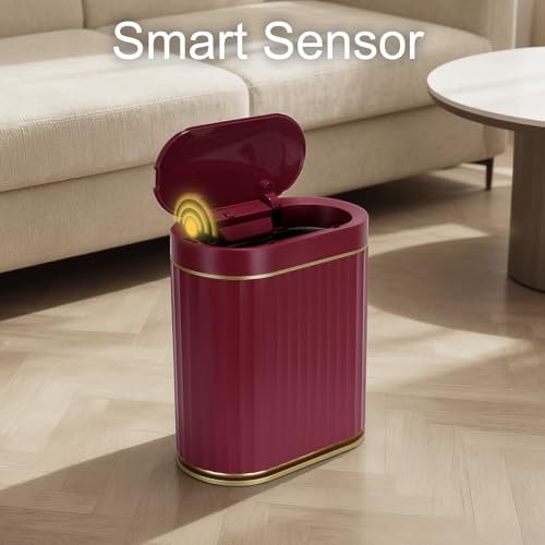 Image of ELPHECO 2 Gallon Sensor Trash Can - Motion Sensor Bathroom Garbage Can with Lid, Automatic IPX5 Waterproof Trash Bin, Slim Garbage Bin for Bathroom, Office, Bedroom, Living Room, Burgundy Gold
