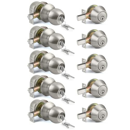 BESTTEN 5PK Keyed Alike Exterior Door Knob Lock with Deadbolt, Satin Nickel