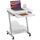 Yaheetech White Mobile Computer Desk, Z-Shaped Design Small Office Workstation, PC Laptop Table with Sliding Keyboard Tray and Priter Shelf, Rolling Office Study Table on Wheels