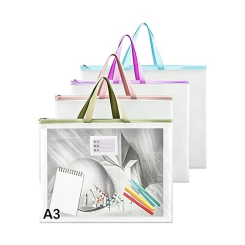 Oaygat 4 Packs A3 Art Portfolio Bag Waterproof Portfolios Organizer for Artworks Transparent A3 EVA Poster Carrying Storage Bag Handle Folder Portfolio Case Zipper Artist Drawing Board Bag Art Folder