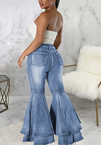 Women's Cute Flare Jeans Pleated Layered Ruffle Bell Hem Wide Leg Denim Pant4