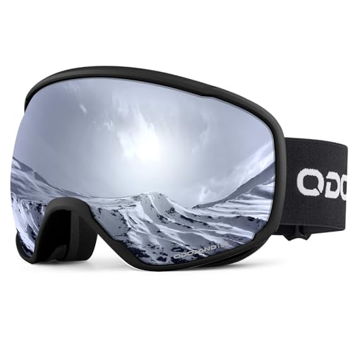 Odoland Snow Ski Goggles S2 Double Lens Anti-Fog OTG Windproof UV400 Eyewear for Men, Women and Youth-Skiing Snowboarding, Black Frame Sliver Lens vlt 14%