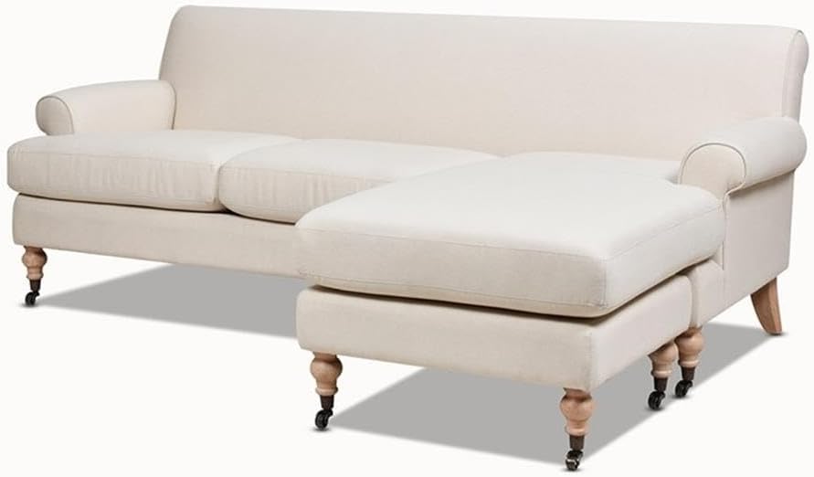 Pemberly Row 91" L-Shape Reversible Sectional Sofa, Light Beige Linen Upholstery, Kiln-Dried Hardwood Frame, Rolled Arms, Removable Cushions, Solid Wood Legs with Casters, Classic Lawson Style for