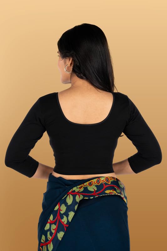 Image of Abhi Cotton Readymade Saree Blouse for Women- 3 /4 Sleeve, Round Neck, Regular-fit, Stretchable, Pull-on Style
