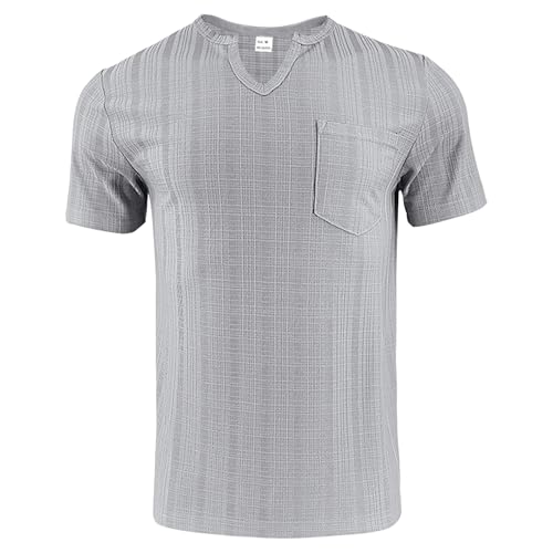 Men Casual Small Checked Shirts Solid V-Neck Short Sleeves Street T Shirt Summer Classic Loose Breathable Pullover (Light Grey,Small)