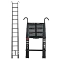 Telescoping Extension Ladder 12.5FT Aluminum Extension Lightweight Ladder with 2 Detachable Hooks Multi Purpose Collapsible Ladder Safety for Roofing Business, Indoor/Outdoor Work, 330lbs Capacity